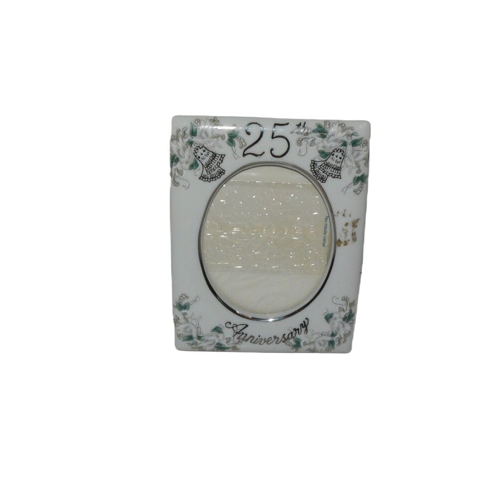 Vtg 25th Anniversary Porcelain Photo Frame White Bells Floral Lefton Japan